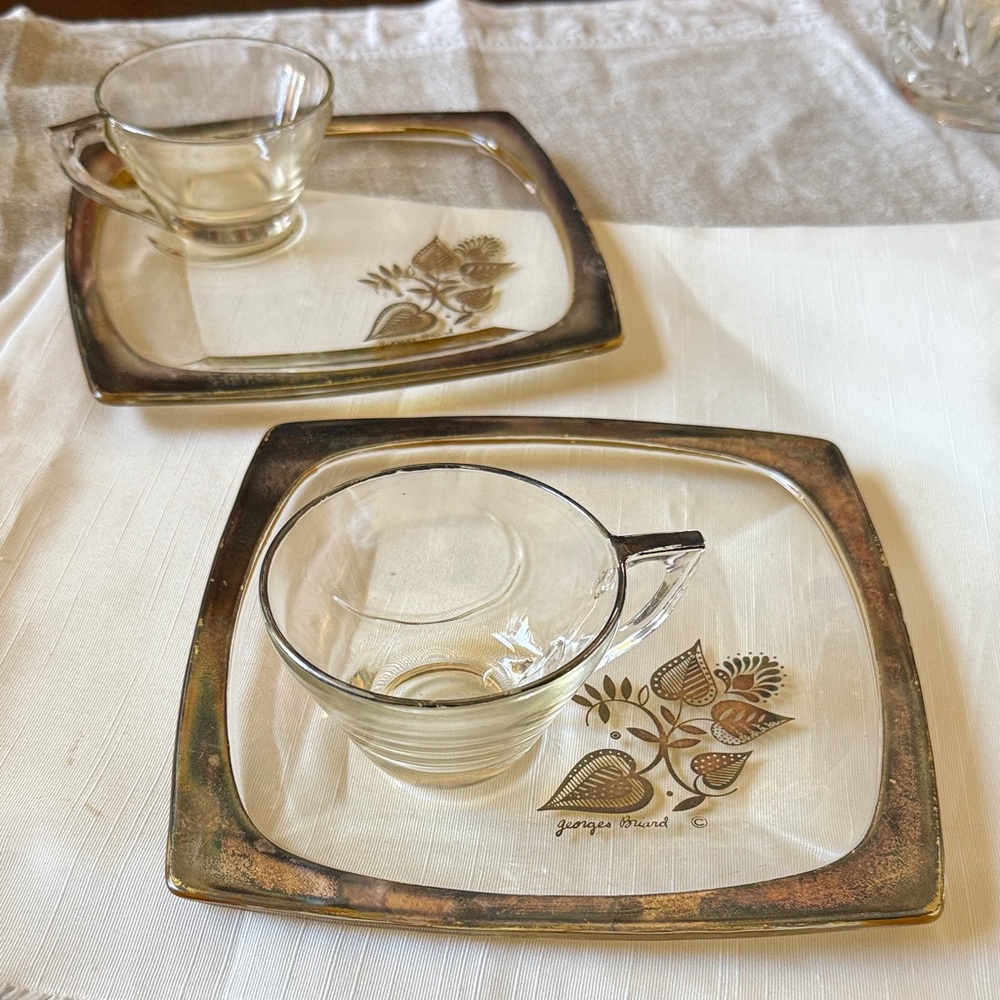 VTG George Briard Damask Silver Overlay lot of 2 Clear Glass Luncheon sets